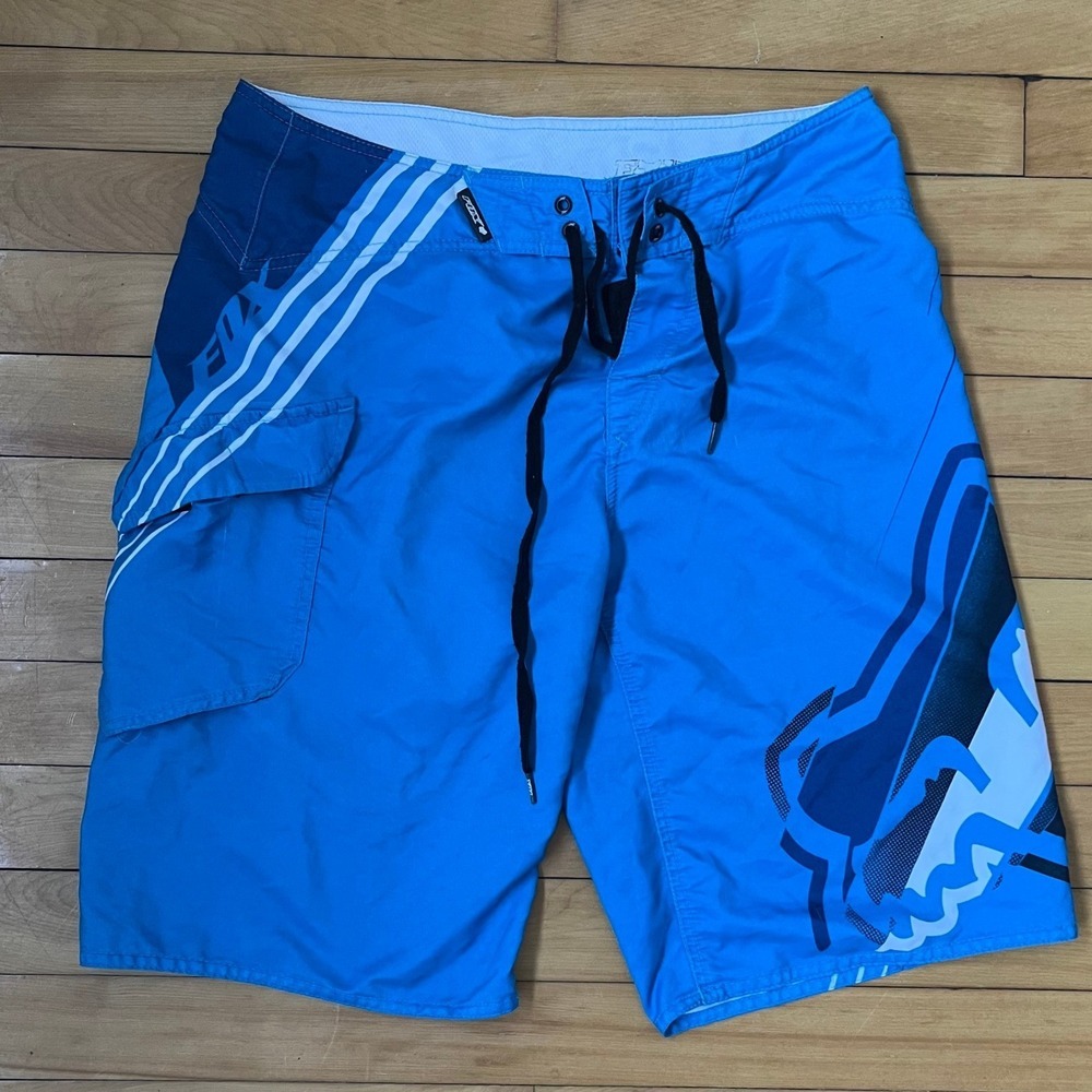 Fox Racing Mens Blue Graphic Logo Board Shorts Swim Trunks Size 32